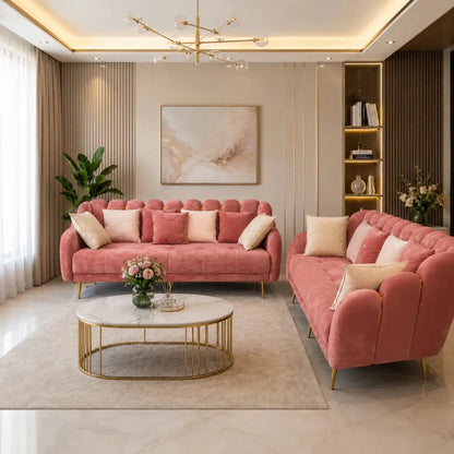 Mid-Century Modern Dusty Pink Velvet Sofa Set | 3+2 Seater, Scalloped Back, Gold Legs - used 9 months - Al Thahani Furniture