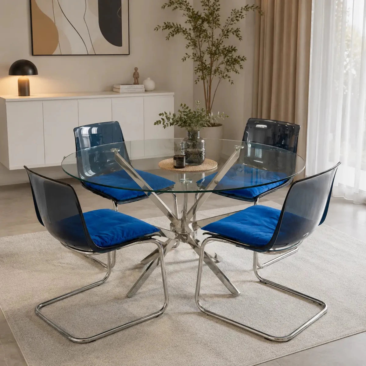 Mid-Century Modern Round Glass Dining Set | Chrome Base, Blue Velvet & Acrylic Chairs - used 4 months - Al Thahani Furniture