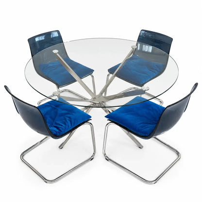 Mid-Century Modern Round Glass Dining Set | Chrome Base, Blue Velvet & Acrylic Chairs - used 4 months - Al Thahani Furniture