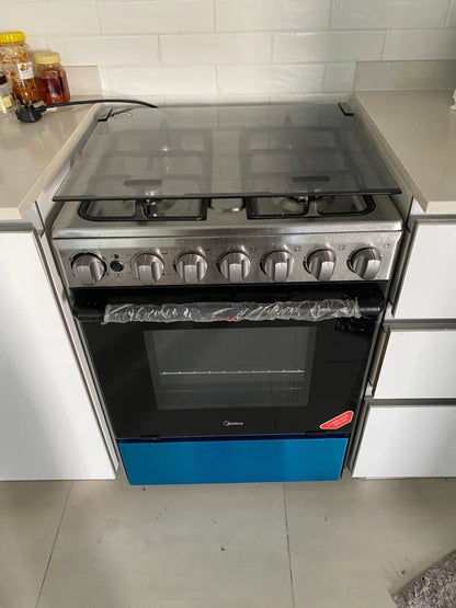 Midea 60cm Free Standing Gas Cooker | Stainless Steel | Closed Door Grilling | Frame Failure Protection - althahanifurniture