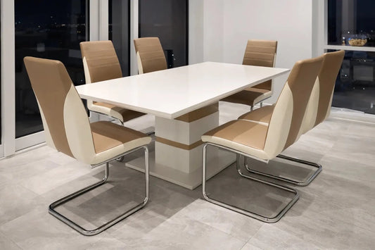 Milkiyan 6 - Seater Dining Set – 180x90 cm White Solid Wood Table – 6 Light Beige PU Leather Chairs - althahanifurniture