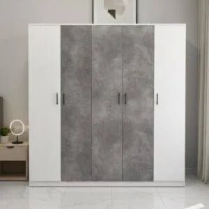 Modern 5 Door Wardrobe | Light Grey & Concrete Finish with Side Shelves | Brand New - althahanifurniture
