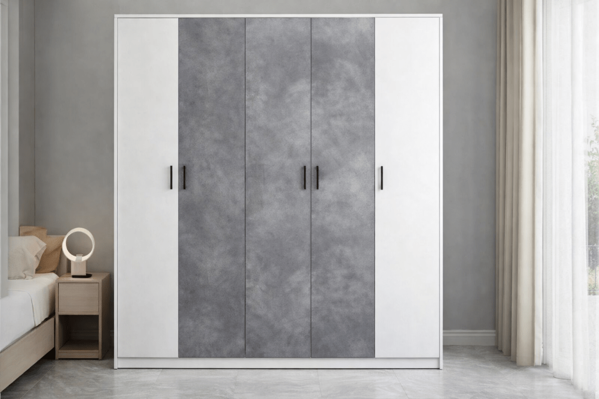 Modern 5 Door Wardrobe | Light Grey & Concrete Finish with Side Shelves | Brand New - althahanifurniture