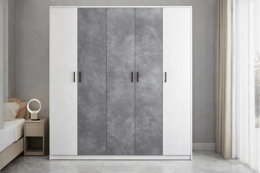 Modern 5 Door Wardrobe | Light Grey & Concrete Finish with Side Shelves | Brand New - althahanifurniture
