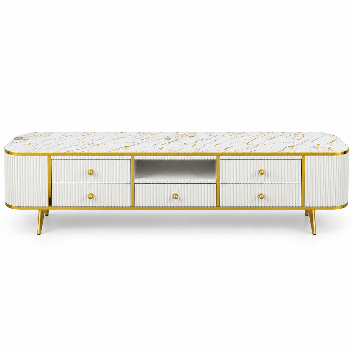 Modern Glamour TV Unit with Marble-Style Top & 5 Drawers – White & Gold – 200 cm - Al Thahani Furniture