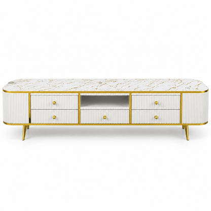 Modern Glamour TV Unit with Marble-Style Top & 5 Drawers – White & Gold – 200 cm - Al Thahani Furniture