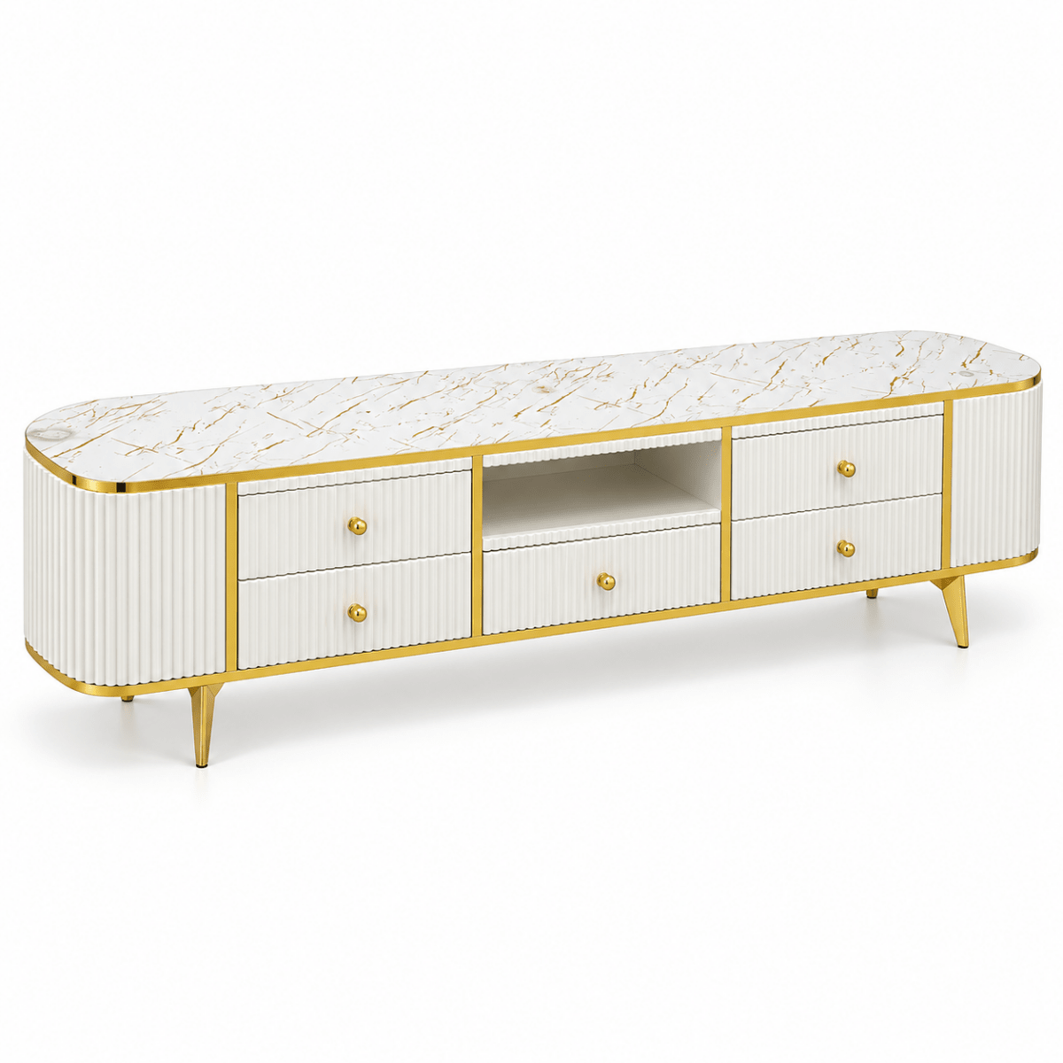 Modern Glamour TV Unit with Marble-Style Top & 5 Drawers – White & Gold – 200 cm - Al Thahani Furniture