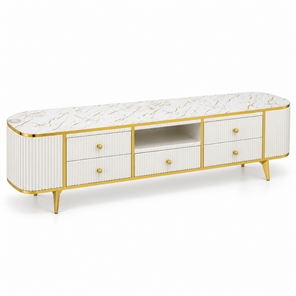 Modern Glamour TV Unit with Marble-Style Top & 5 Drawers – White & Gold – 200 cm - Al Thahani Furniture