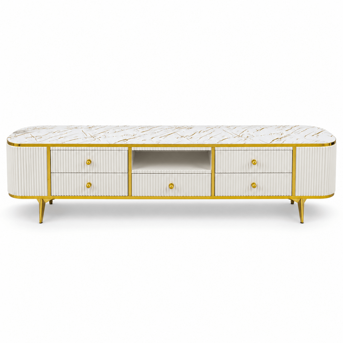 Modern Glamour TV Unit with Marble-Style Top & 5 Drawers – White & Gold – 200 cm - Al Thahani Furniture