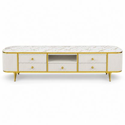 Modern Glamour TV Unit with Marble-Style Top & 5 Drawers – White & Gold – 200 cm - Al Thahani Furniture