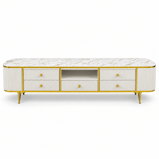 Modern Glamour TV Unit with Marble-Style Top & 5 Drawers – White & Gold – 200 cm - Al Thahani Furniture