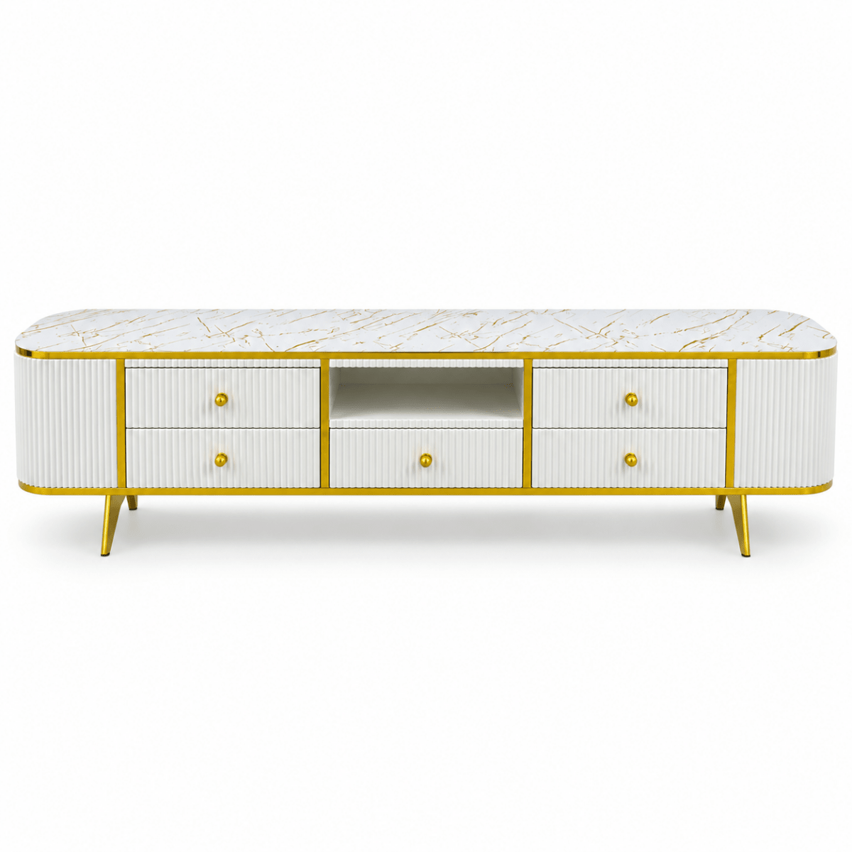 Modern Glamour TV Unit with Marble-Style Top & 5 Drawers – White & Gold – 200 cm - Al Thahani Furniture
