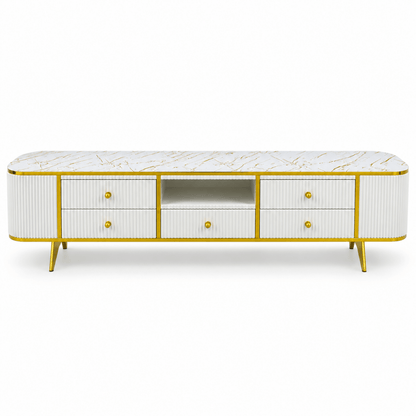 Modern Glamour TV Unit with Marble-Style Top & 5 Drawers – White & Gold – 200 cm - Al Thahani Furniture