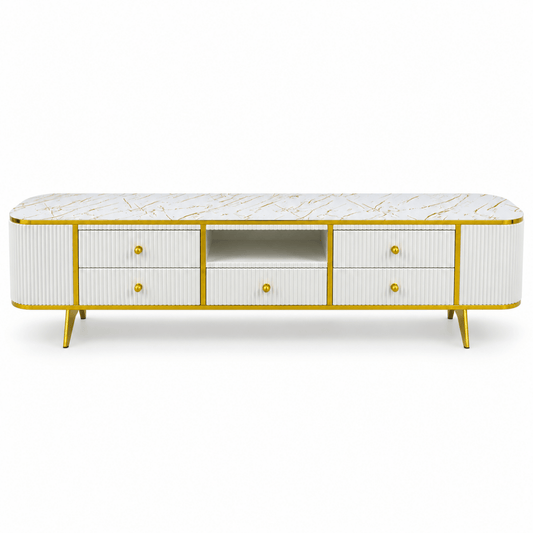 Modern Glamour TV Unit with Marble-Style Top & 5 Drawers – White & Gold – 200 cm - Al Thahani Furniture