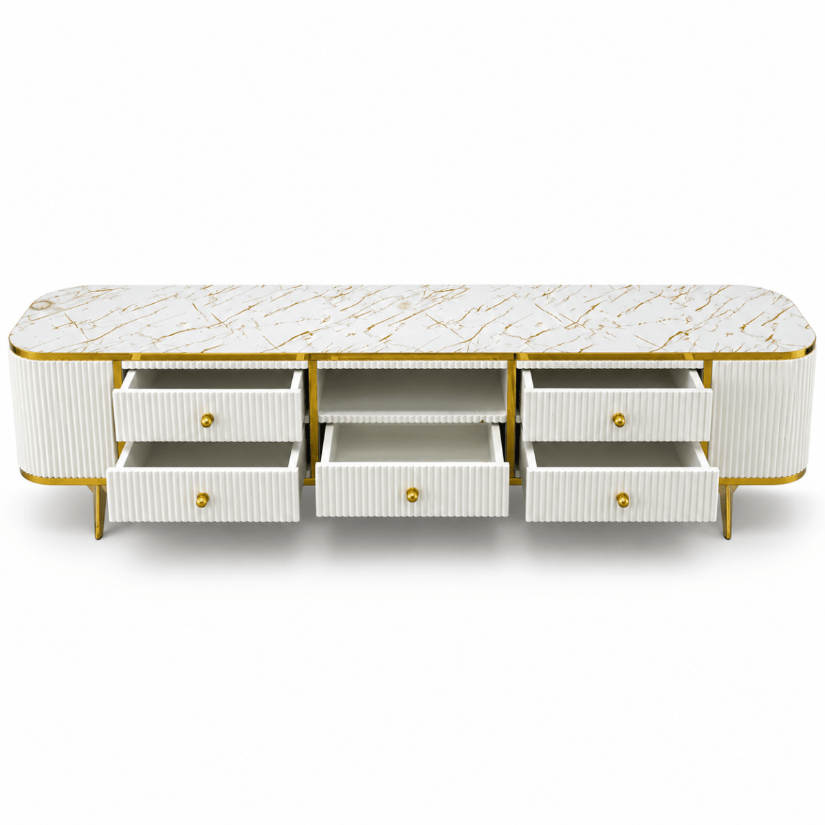 Modern Glamour TV Unit with Marble-Style Top & 5 Drawers – White & Gold – 200 cm - Al Thahani Furniture