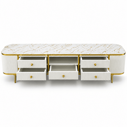 Modern Glamour TV Unit with Marble-Style Top & 5 Drawers – White & Gold – 200 cm - Al Thahani Furniture