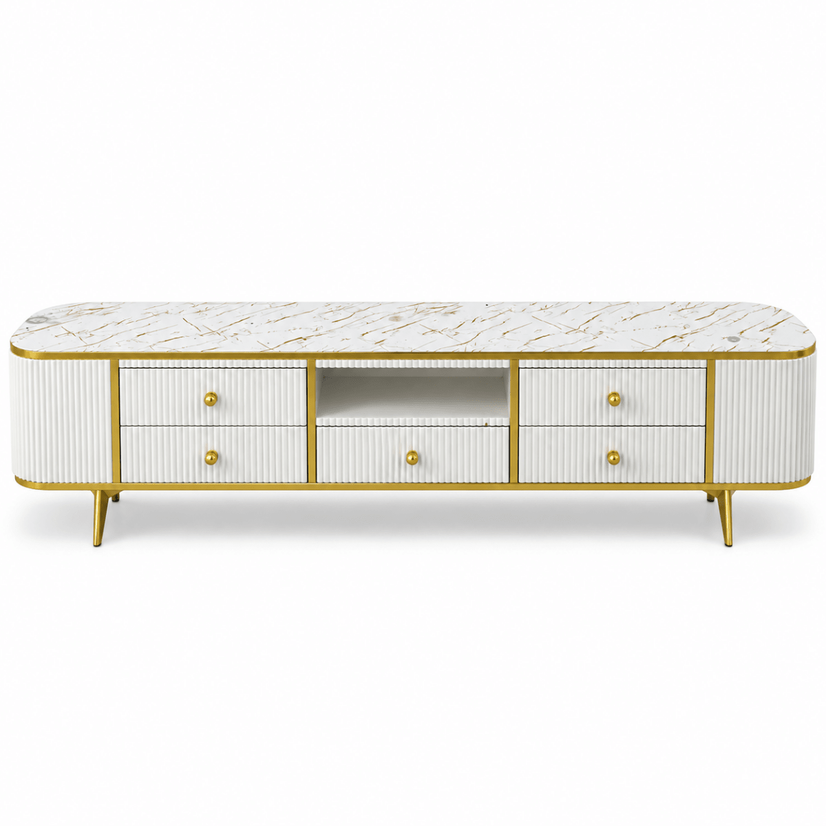 Modern Glamour TV Unit with Marble-Style Top & 5 Drawers – White & Gold – 200 cm - Al Thahani Furniture