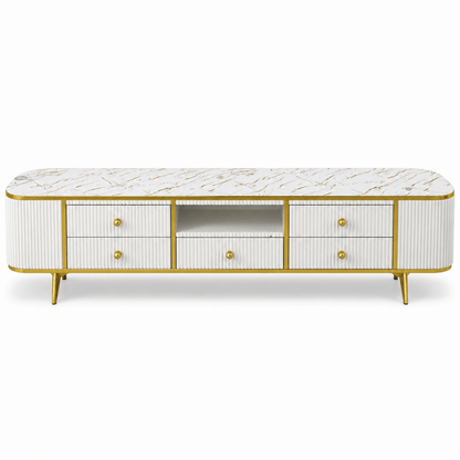 Modern Glamour TV Unit with Marble-Style Top & 5 Drawers – White & Gold – 200 cm - Al Thahani Furniture