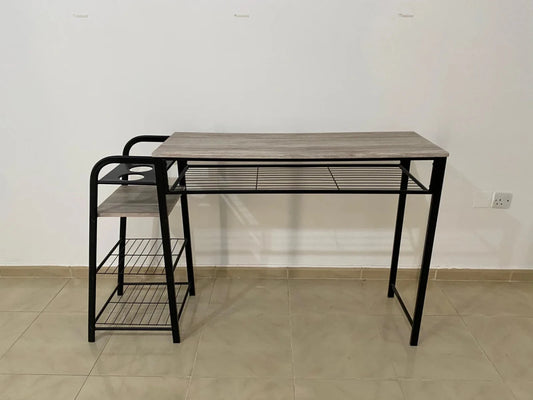 Modern Minimalist Desk | Grey Wood Top & Black Metal Frame with Built - In Shelves - althahanifurniture