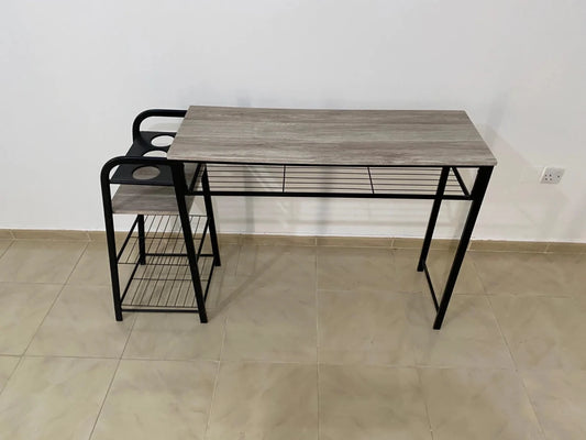 Modern Minimalist Desk | Grey Wood Top & Black Metal Frame with Built - In Shelves - althahanifurniture