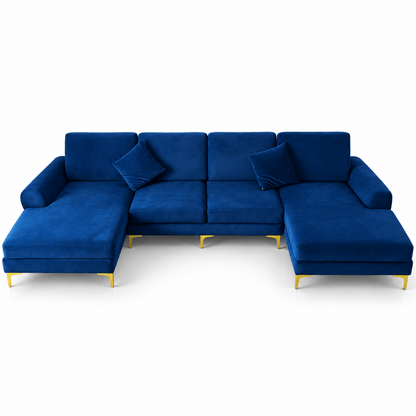 Monaco 5-Seater U-Shaped Double Chaise Velvet Sofa – Royal Blue & Gold - Al Thahani Furniture