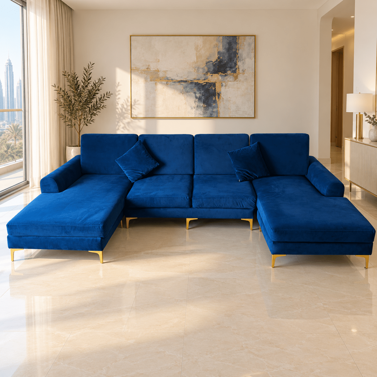 Monaco 5-Seater U-Shaped Double Chaise Velvet Sofa – Royal Blue & Gold - Al Thahani Furniture