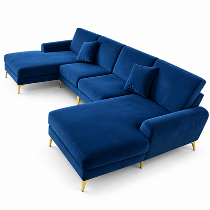 Monaco 5-Seater U-Shaped Double Chaise Velvet Sofa – Royal Blue & Gold - Al Thahani Furniture
