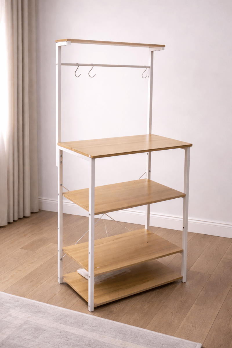 Multi - Tier Baker's Rack / Kitchen Shelving Unit – Scandi Style, Light Oak Shelves, White Frame, Hanging Rail - althahanifurniture