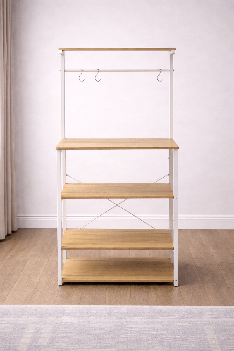 Multi - Tier Baker's Rack / Kitchen Shelving Unit – Scandi Style, Light Oak Shelves, White Frame, Hanging Rail - althahanifurniture