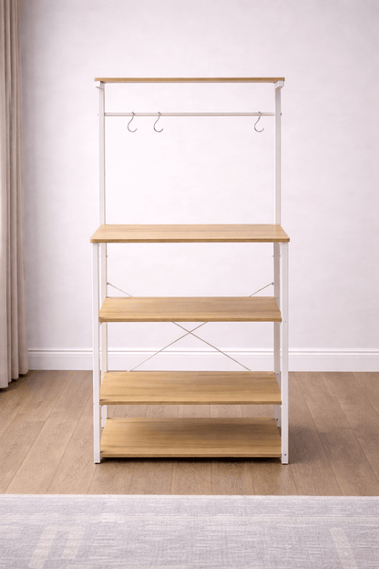 Multi - Tier Baker's Rack / Kitchen Shelving Unit – Scandi Style, Light Oak Shelves, White Frame, Hanging Rail - althahanifurniture