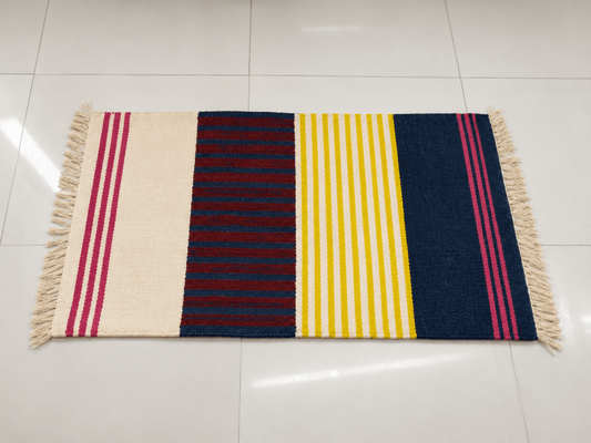 Multicolour Striped Handwoven Cotton Rug with Fringed Edges | 100x60 cm - Al Thahani Furniture