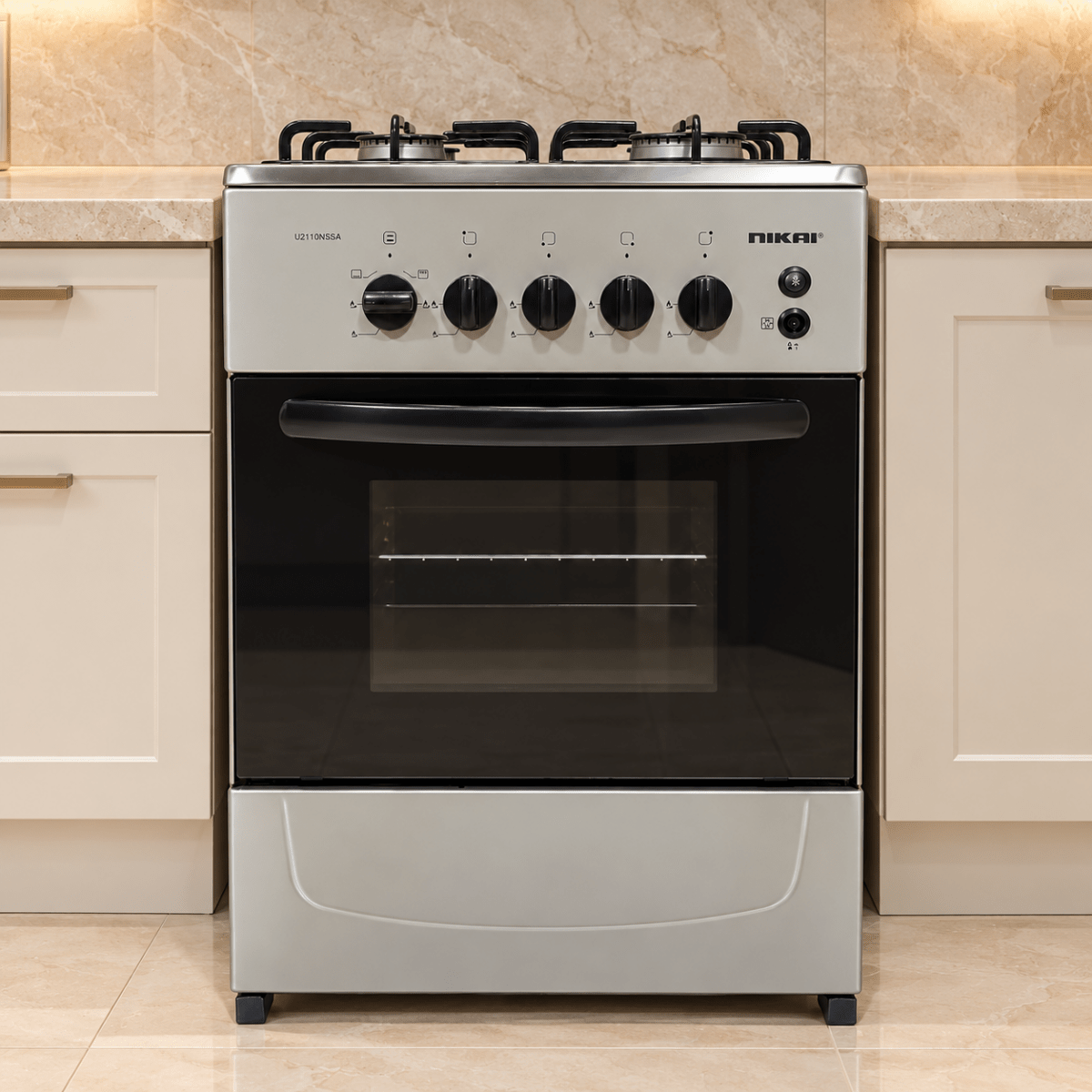 Nikai U2110N5SA 4-Burner Freestanding Gas Cooker with Oven – 50 × 50 cm – Silver - Al Thahani Furniture