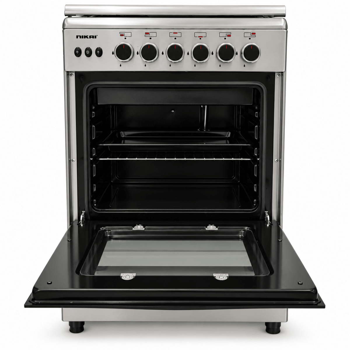 Nikai U6068FSE1 60×60 cm 4-Burner Full Safety Gas Cooker with Oven & Grill – Stainless Steel - Al Thahani Furniture