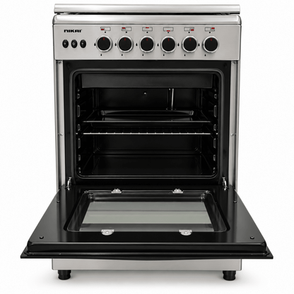 Nikai U6068FSE1 60×60 cm 4-Burner Full Safety Gas Cooker with Oven & Grill – Stainless Steel - Al Thahani Furniture