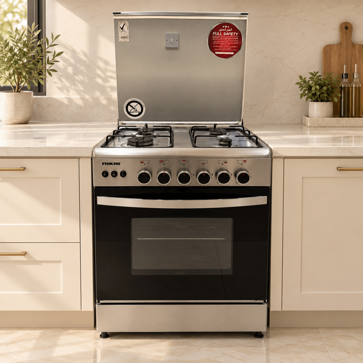 Nikai U6068FSE1 60×60 cm 4-Burner Full Safety Gas Cooker with Oven & Grill – Stainless Steel - Al Thahani Furniture