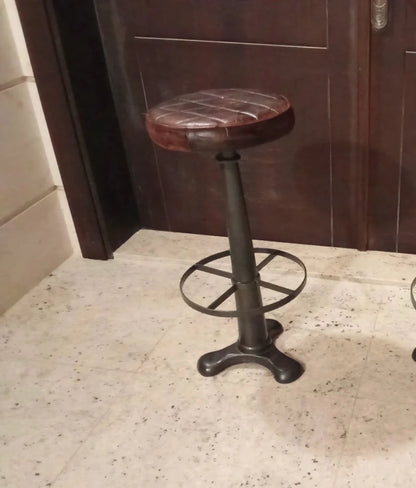 Nkuku Narwana Leather Stool | Industrial Style with Aged Leather - althahanifurniture