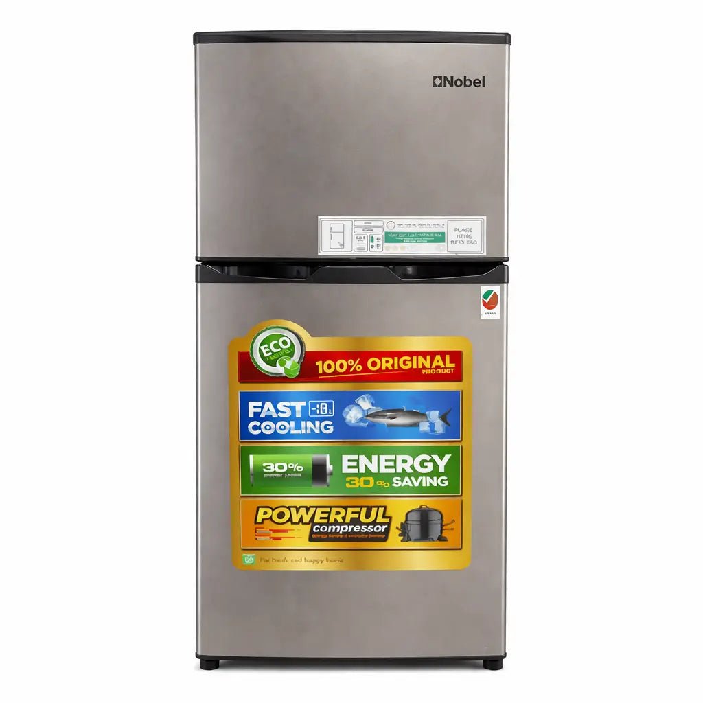 Nobel 132L Double Door Refrigerator – Stainless Steel Finish, Rapid Cooling, Energy - Saving Compressor, 125x45x49 cm - althahanifurniture