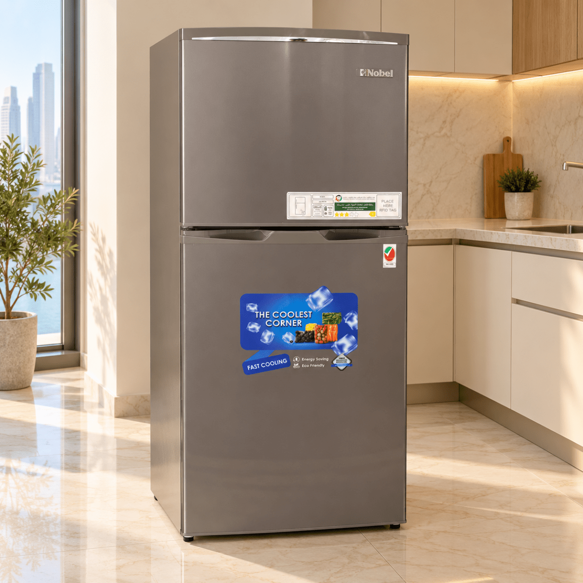 Nobel NR255RS 225L Double Door Refrigerator with Top Freezer – Dark Silver - Al Thahani Furniture