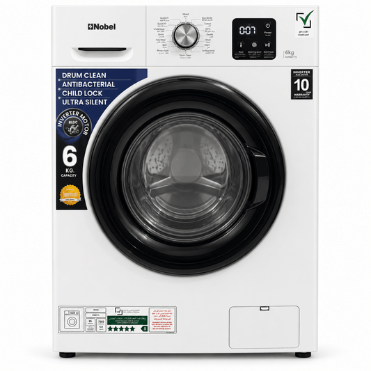 Nobel NWM775 6kg Inverter Front Load Washing Machine – 1200 RPM – White - Al Thahani Furniture