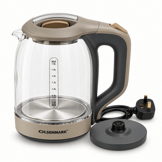Olsenmark OMK2394 1.8L Electric Glass Kettle – 1500W – Brown & Clear - Al Thahani Furniture