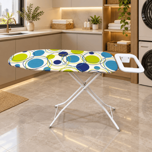 Orbit Foldable Ironing Board with Iron Rest – Blue & Lime Circle Print - Al Thahani Furniture