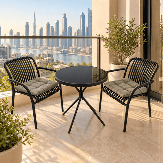 OTATH 3-Piece 2-Seater Outdoor Lounge Set with Round Table – Black & Grey - Al Thahani Furniture
