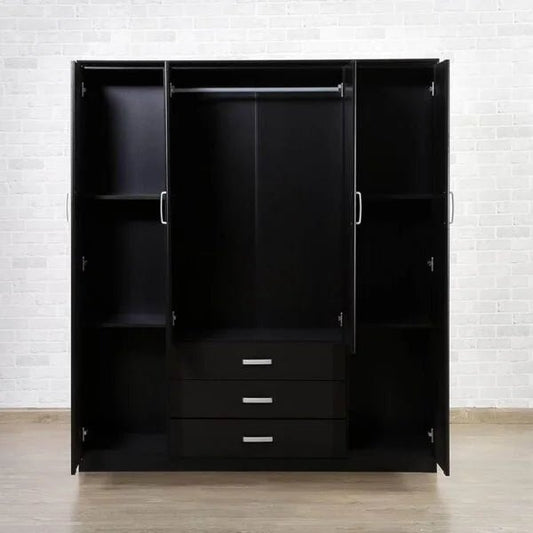Pan Emirates Kayton 4‑Door Wardrobe | Solid Wood | Black Finish | 2 Mirrored Doors + 3 Base Drawers - althahanifurniture