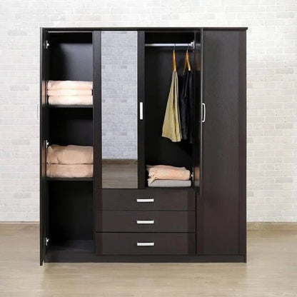 Pan Emirates Kayton 4‑Door Wardrobe | Solid Wood | Black Finish | 2 Mirrored Doors + 3 Base Drawers - althahanifurniture