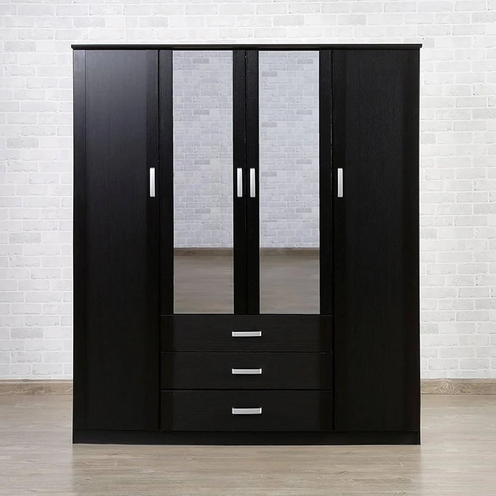 Pan Emirates Kayton 4‑Door Wardrobe | Solid Wood | Black Finish | 2 Mirrored Doors + 3 Base Drawers - althahanifurniture