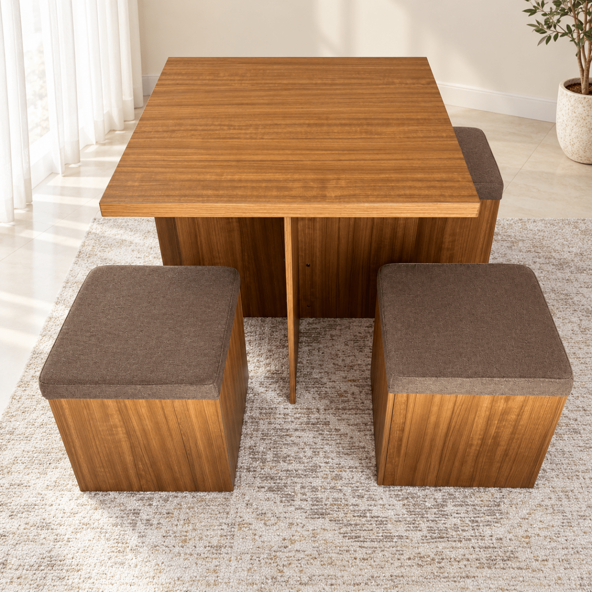 PAN Home 4-Seater Square Dining Table with 4 Storage Stools – Walnut Brown - Al Thahani Furniture