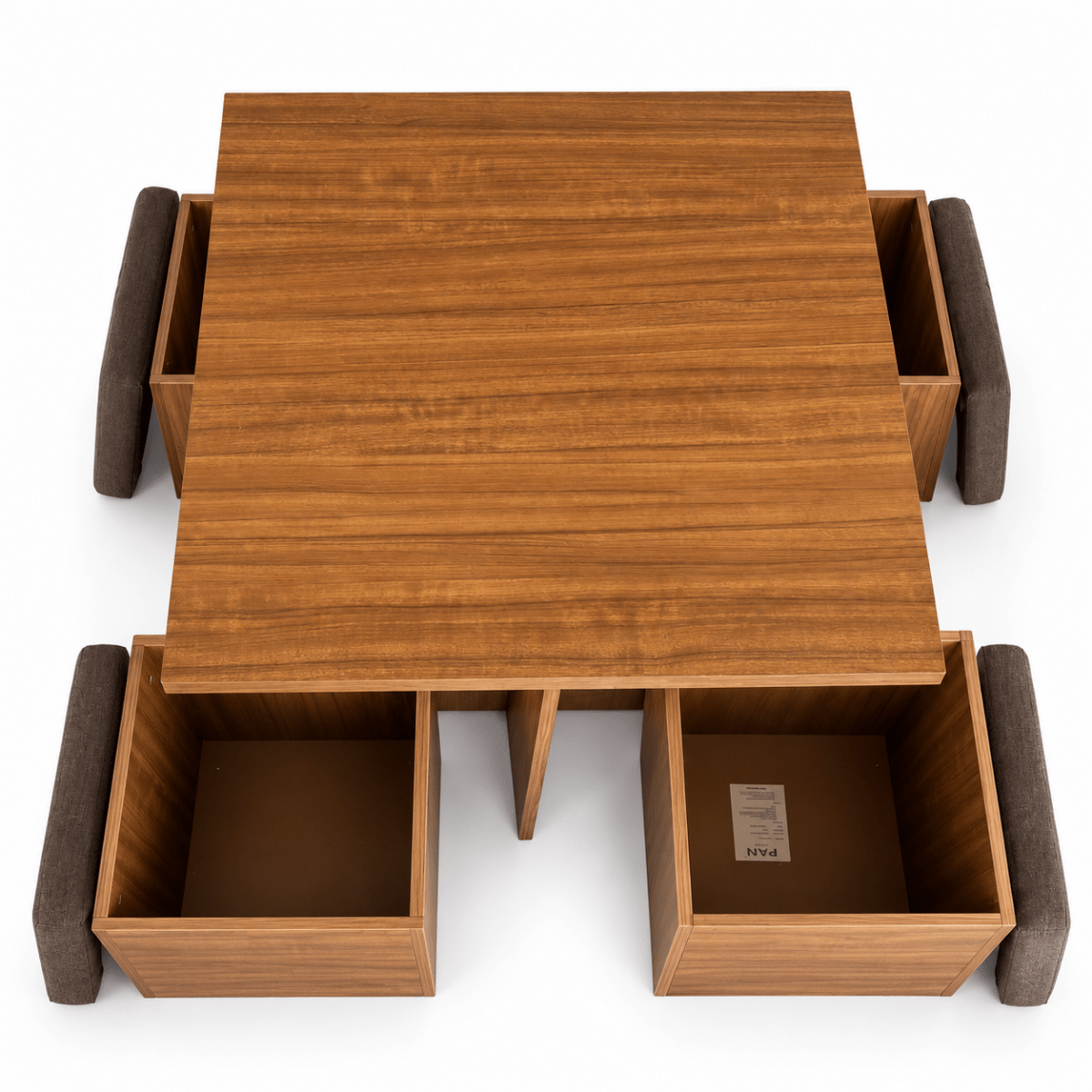 PAN Home 4-Seater Square Dining Table with 4 Storage Stools – Walnut Brown - Al Thahani Furniture