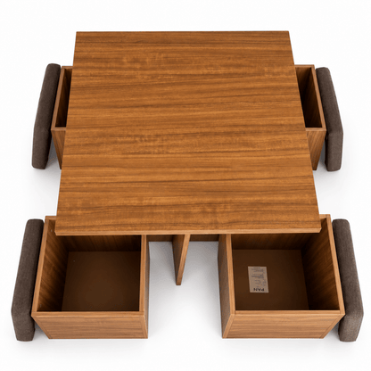 PAN Home 4-Seater Square Dining Table with 4 Storage Stools – Walnut Brown - Al Thahani Furniture