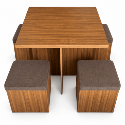 PAN Home 4-Seater Square Dining Table with 4 Storage Stools – Walnut Brown - Al Thahani Furniture