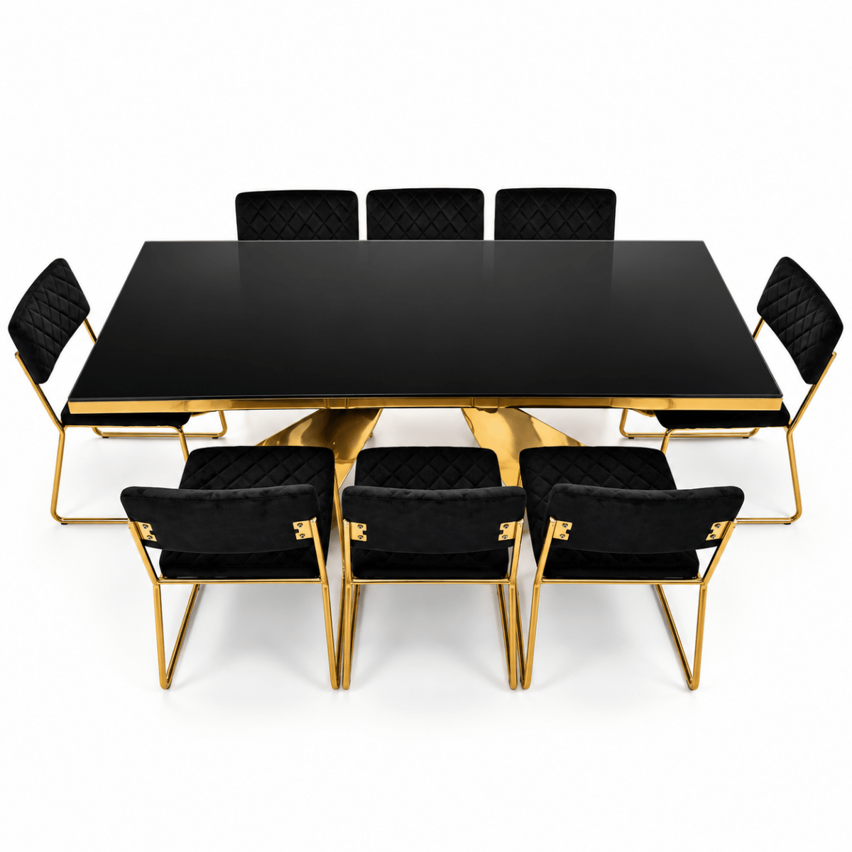PAN Home CIYAN 8-Seater Black & Gold Glass Dining Table with 8 Upholstered Dining Chairs - Al Thahani Furniture